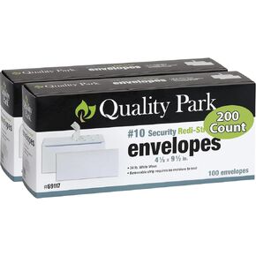 Quality Park #10 Security Envelopes, No Window, Redi-Strip Self Seal Envelopes, 24-lb White Wove, 4-1/8" x 9-1/2", 200 per Box