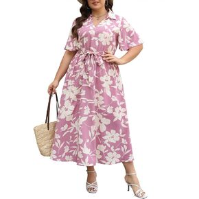 Keluummi Plus Size Wedding Guest Dresses for Curvy Women, Summer Casual Boho Maxi Dress with Empire Waist, 3/4 Sleeve, Pocket