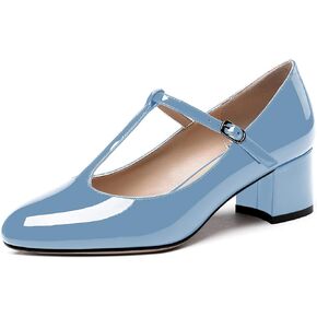 WAYDERNS Women's Patent Leather T Strap Ankle Strap Round Toe Low Chunky Heel Pumps Shoes 2 Inch