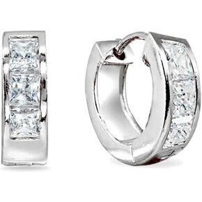 Sterling Silver 15mm Princess-Cut Channel Small CZ Huggie Hoop Earrings, Made with AA Cubic Zirconia