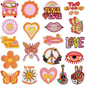 20Pcs Summer Beach Hippie Iron on Patches Cute Vintage Sew on Embroidered Patches Aesthetics Applique for Hats Clohes Jackets Jeans Backpacks and DIY Craft