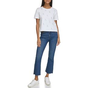 Karl Lagerfeld Paris Women's Sparkle Monogram Short Sleeve Blouse, Soft White
