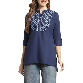 ladyline Womens 100% Cotton Button Down Flat Collar V Neck Embroidered Tunic Top Shirt Blouse Roll up Sleeves High Low