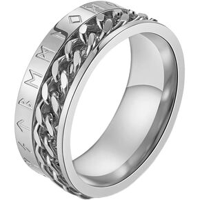 Men's 8MM Stainless Steel Chain Spinner Ring Band with Viking Rune Odin Norse Text Jewelry