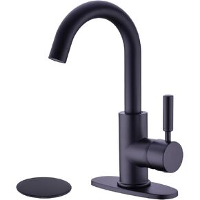 Single Hole Bathroom Sink Faucet, Single Handle 360 Degree Swivel Spout Wet Bar Sink Faucets for Kitchen Vanity with Deck Plate and Overflow Sink Drain Assembly, Brushed Gold