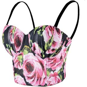 ELLACCI Women's Mesh Floral Ruffle Trim Bustier Crop Top Corset Top Black