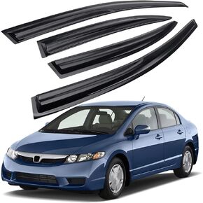 MotorFansClub 4pcs Window Visor Vent Fit for Honda Civic Sedan 8TH Gen 4-Door 2006 2007 2008 2009 2010 2011,Tint Trim Outside Mount Tape On/Clip On Style PVC Sun Rain Guard Door Visor