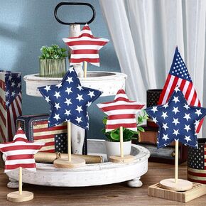 Bucherry 5 Set 4th of July Decoration Patriotic Fabric Star Ornaments Independence Day Wood Sign Star Wooden Stand Memorial Labor Day Tiered Tray Decor American Star Table Decor(Classic Style)