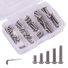 M6 x 8mm, 10mm, 12mm, 16mm, 20mm Button Head Socket Cap Screws Assortment 50 PCS, 304 Stainless Steel 18-8, Full Thread, Bright Finish
