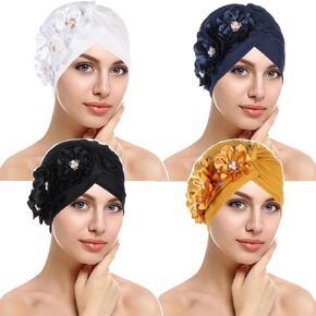 2 Pieces Womens Turban Three Flower Plicate Caps Vintage Beanie Headscarf Bonnet Elastic Headwrap Hat