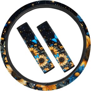 Aztec Geometry Sunflower Print Car Steering Wheel Cover & Seat Belt Shoulder Pads Universal Fit Auto Truck SUV,Southwestern Style Car Accessories