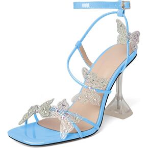 Butterfly Heels Heeled Sandals Rhinestone Crystal Butterflies Heels Open Toe Clear Spool High Heels 4 Inch Women's Shoes