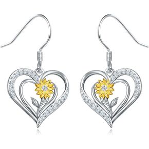 Sunflower Earrings for Women 925 Sterling Silver You are My Sunshine Earrings Heart/Dangle Sunflower Earrings Daisy Blessing Heart/Drop Hooks Earrings Sunflower Jewelry Gifts for Women Teen Girls Girlfriend Wife Daughter