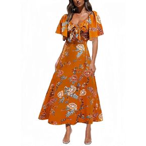 Fashionme Womens Dresses 2024 Maix Dresses Deep V Neck Elegant Bow Tie Front Cap Sleeve Summer Floral Satin Dress