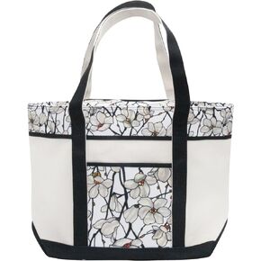 RainCaper Fine Art Large Cotton Canvas Tote Bag Roomy Heavy Duty Sturdy Boat Bag Zippered Top Lots of Pockets Shoulder Straps