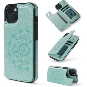 Wallet Case for iPhone 13 with 3 Card Slots Embossed Mandala Pattern Flowers Magnetic Buttons Flip Faux Leather Cover Shockproof 2021 6.1 Inch (Purple)