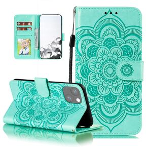 EYZUTAK Case for iPhone 13 Pro, Premium PU Leather Magnetic Flip Wallet Case with Card Holder Cash Slot Lanyard Strap Kickstand Function Embossed Mandala Flower Pattern Shockproof Cover - Red