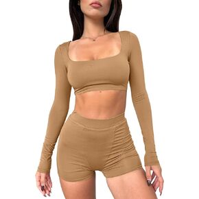 Mokoru Women's Sexy 2 Piece Outfits Long Sleeve Crop Tops High Waist Workout Shorts Sets