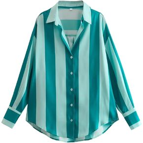 Satin Button Down Shirts for Women Long Sleeve Silky Pinstripe Casual Blouse Summer Top