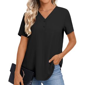 Anydoll Women's 2024 Summer Blouse Casual Short Sleeve Tops Vneck Button Chiffon Business Tunics Henley Tshirts