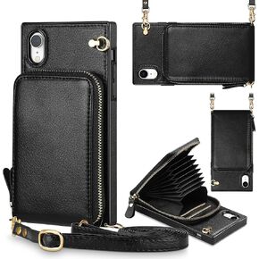 for iPhone XR Case iPhone 10R Case Wallet Zipper Leather Case with Card Holder Slots Protective Cover with Lanyard Case Compatible with iPhone XR iPhone 10R 6.1 inch Black