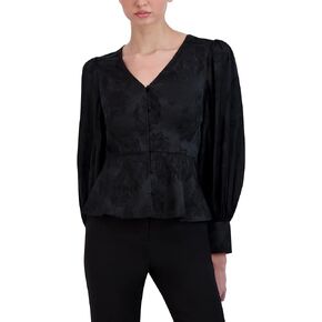 BCBGMAXAZRIA Women's Long Sleeve Peplum Top V Neck Button Front Shirt