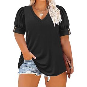 Women's Button Plus Size Tops Pleated Puff Sleeve V Neck Blouses Summer Casual Tunic T Shirt