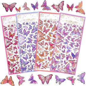SHANGRLA Small Mini Butterfly Stickers - 3D Holographic Glitter Butterflies for Kids Crafts, Adutlts Scrapbooking, Journaling - Resin-Made in Purple, Pink, Blue - 4 Sheets