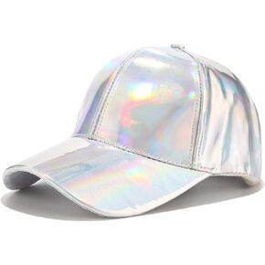 Women Men Faux Leather Baseball Cap Glitter Metallic Holographic Rainbow Reflective Hip Hop Adjustable Strapback Peaked Hat Silver