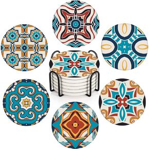 Coasters for Drinks Set of 6, Blue Ceramic Tiles Pattern Absorbent Round Ceramic Stone Mat, with Cork Base and Metal Holder, Gift for Housewarming Room Bar Decor