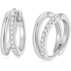 S925 Silver Double-Hoop 0.18 Carat Natural Diamond Earrings - Simplistic Design, VS1, D-color, Ideal Cut - Luxurious Accessory for Women