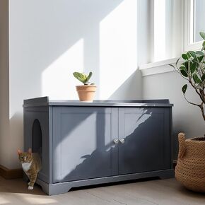 Cat Litter Box Enclosure Furniture, Litter Box Furniture Hidden with Removable Divider, Wooden Cat Washroom Furniture,Cat House, 28.74“L x 21.1"W x 20.24“H - Gray