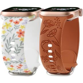 Floral Engraved Band with Flower Printed Strap Compatible with Apple Watch Band 38mm 40mm 41mm Women, Soft Silicone Cute Wildflowers Sport Laser Strap for iWatch Bands Series Ultra SE 9 8 6 5 4 3 2 1