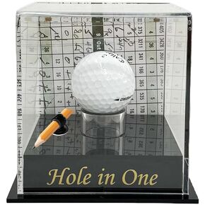 Acrylic Golf Ball Display Case - Golf Ball Display Box with Scorecard & Photo Display Frame - Golden Stamped Hole-in-One Ball Storage Box with Pencil Holder