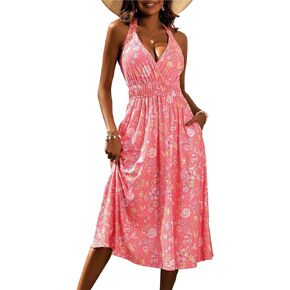 فساتين Loemes هالتر ميدي للشمس للنساء 2024 فستان صيفي زهري مع جيب in Kuwait