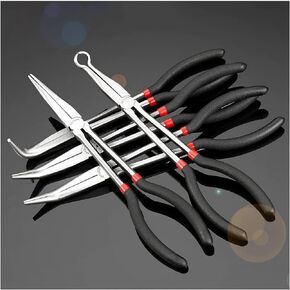5 Piece Long Reach Plier Set - 11" Long Needle Nose Pliers Sets - Straight, 25, 45, 90-Degree Angle, Long Reach Bent Circle Pliers for Hard-to-Reach Narrow Spaces