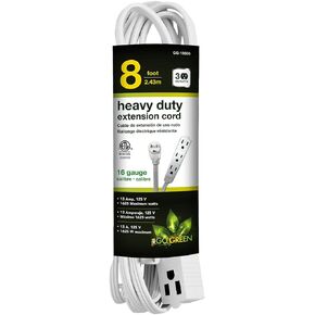 GoGreen Power (GG-19608) 16/3 8’ 3 Outlet Extension Cord, White, 8 Ft Cord