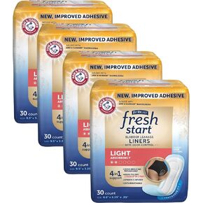 Liners for Women, Now with Stronger Adhesive, Incontinence, Bladder Leak, and Postpartum Pads with The Odor-Control Power of ARM & Hammer, Light Absorbency (30 Count, Pack of 4)