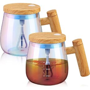 2 Pcs Self Mixing Glass Coffee Mug with Lid Handle Automatic Electric Cup Rotating Blender Mug for Stir Mixed Drink Milk Protein Office Home, Battery Operated, 400ml (Clear)