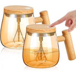 2 Pcs Self Mixing Glass Coffee Mug with Lid Handle Automatic Electric Cup Rotating Blender Mug for Stir Mixed Drink Milk Protein Office Home, Battery Operated, 400ml (Clear)