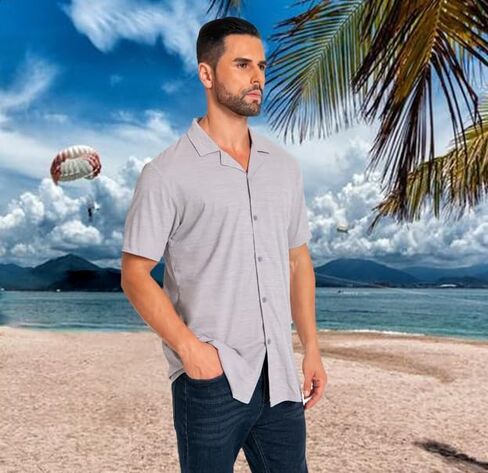 Men's Casual Button Down Shirts Short Sleeve Summer Cuban Vacation Beach Shirts in Saudi Arabia