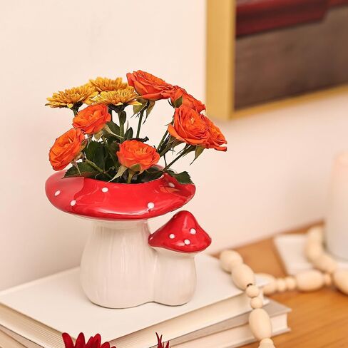 Fungi Fun Mushroom Planter - Cute Ceramic Pot for Small Indoor Plants, Unique Boho Cottagecore Decor, Vintage Aesthetic Indoor Flower Vase (Single Mushroom) in Saudi Arabia