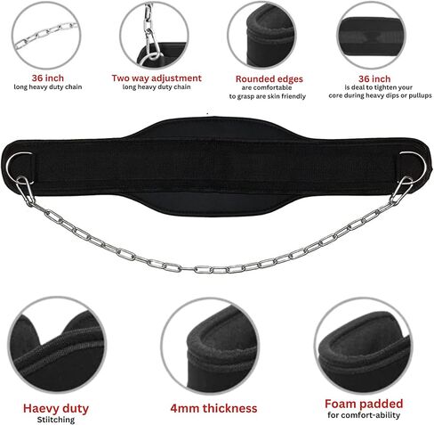 Dip Belt For Weightlifting - 37'' Chain Pull Ups Belt, 550lbs Weight Capacity Heavy Duty Steel Chain For Added Weight Training Squat, Weight Lifting, Workout, Fitness, Crossfit in Kuwait