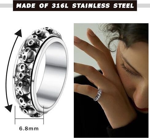 Skull Ring Punk Fidget Ring For Women Men Stainless Steel Thumb Anxiety Ring Vintage Cool Gothic Spinner Band Anti Anxiety Stress Relief Jewelry in Kuwait