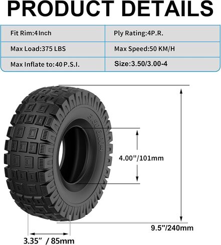 3.00-4 Tire Tube,RUTU 9X3.50-4 10X3.0 City Road Tread Tires and Tubes with TR87 Bent Valve for Scooter Electric Trike Pressure Washer in Kuwait