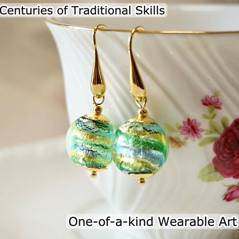 Colorful Murano Glass Earrings, Elegant Multicolor (Green Aqua Blue Gold) Murano Jewelry, Drop Dangle Earrings for Women Trendy, 18k Gold Plated (01 Vibrant Green) in Saudi Arabia