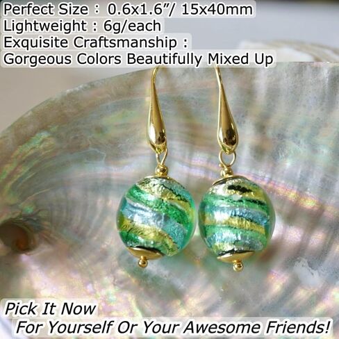 Colorful Murano Glass Earrings, Elegant Multicolor (Green Aqua Blue Gold) Murano Jewelry, Drop Dangle Earrings for Women Trendy, 18k Gold Plated (01 Vibrant Green) in Saudi Arabia