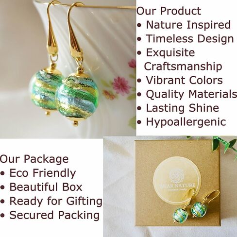 Colorful Murano Glass Earrings, Elegant Multicolor (Green Aqua Blue Gold) Murano Jewelry, Drop Dangle Earrings for Women Trendy, 18k Gold Plated (01 Vibrant Green) in Saudi Arabia