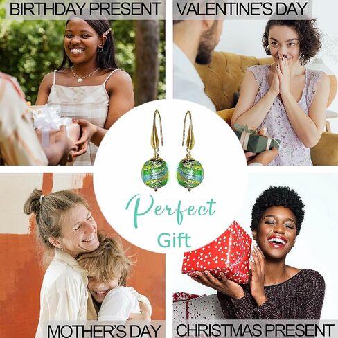 Colorful Murano Glass Earrings, Elegant Multicolor (Green Aqua Blue Gold) Murano Jewelry, Drop Dangle Earrings for Women Trendy, 18k Gold Plated (01 Vibrant Green) in Saudi Arabia