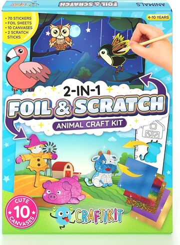 Craftikit ® فن رقائق الحيوانات وفن خدش قوس قزح للأطفال - مجموعة الفنون والحرف 2 في 1 للأطفال الذين تتراوح أعمارهم بين 4 و10 سنوات - هدايا للفتيات والفتيان والأطفال الصغار الذين تتراوح أعمارهم بين 4 و5 و6 و7 و8 و9 و10 سنوات in Kuwait